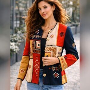 Indigo Moon L Boho Patchwork Jacket Festival Art To Wear Statement Blazer Coat